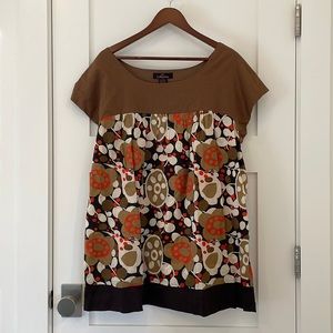 Fun Cotton 2X Brown and Orange retro Pattern Tunic Top